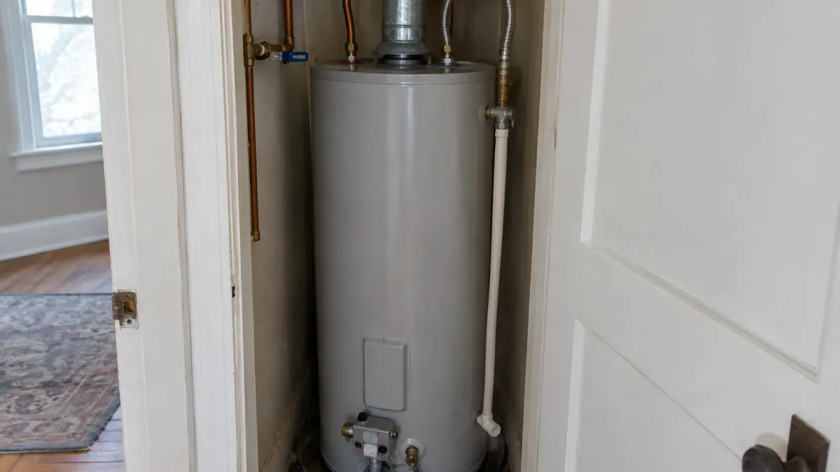 Water heater in a tight utility closet showing the connections that affect hot water heater replacement cost